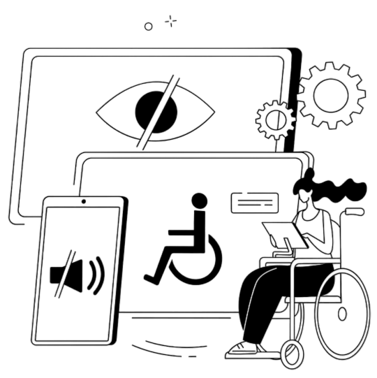 an woman in a wheelchair accessing the web on a tablet and 3 different devices: 2 tablets and 1 phone representing visual, auditory and motor impairment in the background