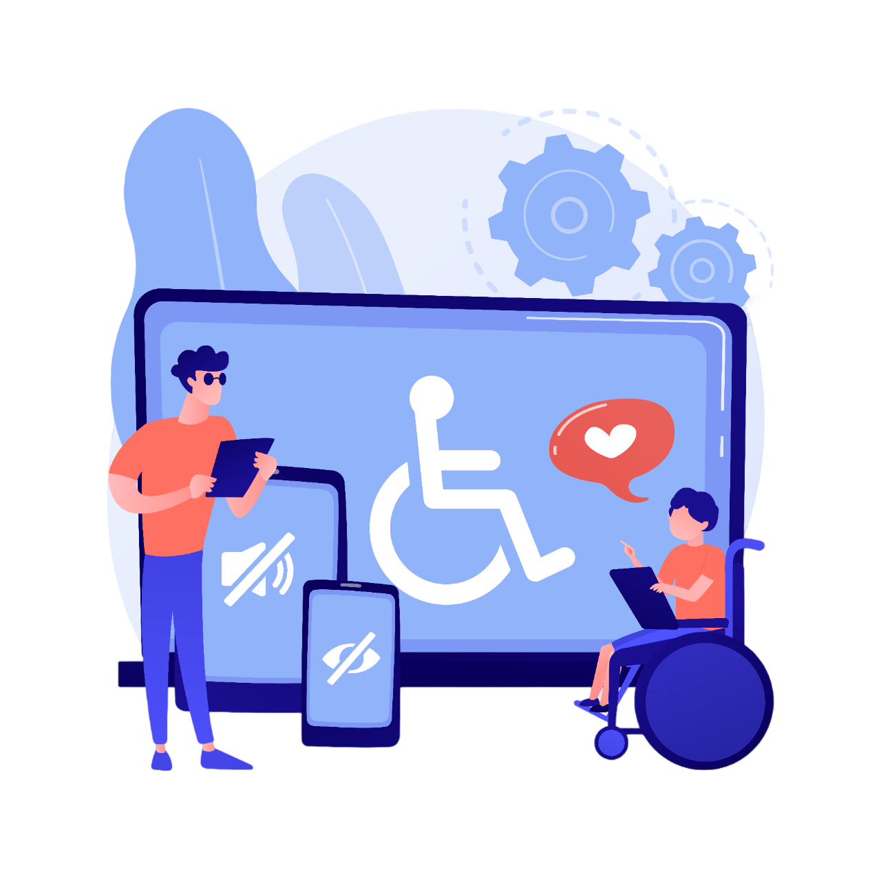 a man sitting in a wheelchair next to a man on a laptop, and 3 different screens with figures representing visual, auditory and motor impairment in the background